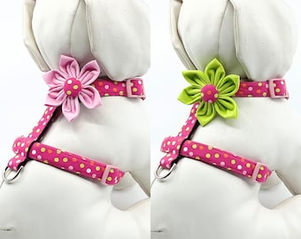 Pink And Green Polka Dot Dog Harness With Optional Flower Adjustable Pet Harness Sizes  XSmall, Small, Medium, Large