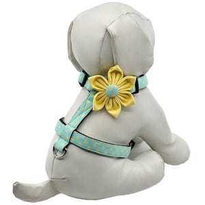 Turquoise and Yellow Polka Dot Dog Harness with Optional Yellow Flower Adjustable Sizes XS, S, M