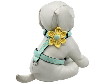 Turquoise and Yellow Polka Dot Dog Harness with Optional Flower Adjustable Sizes XS-M