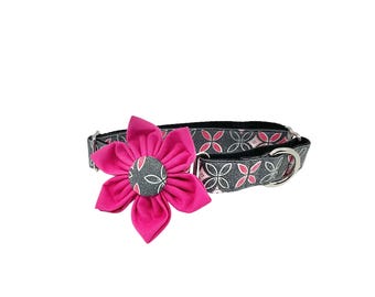 Floral Martingale Dog Collar, Optional Flower, Sparkly Gray and Pink Flower Print, Sizes XS-XL