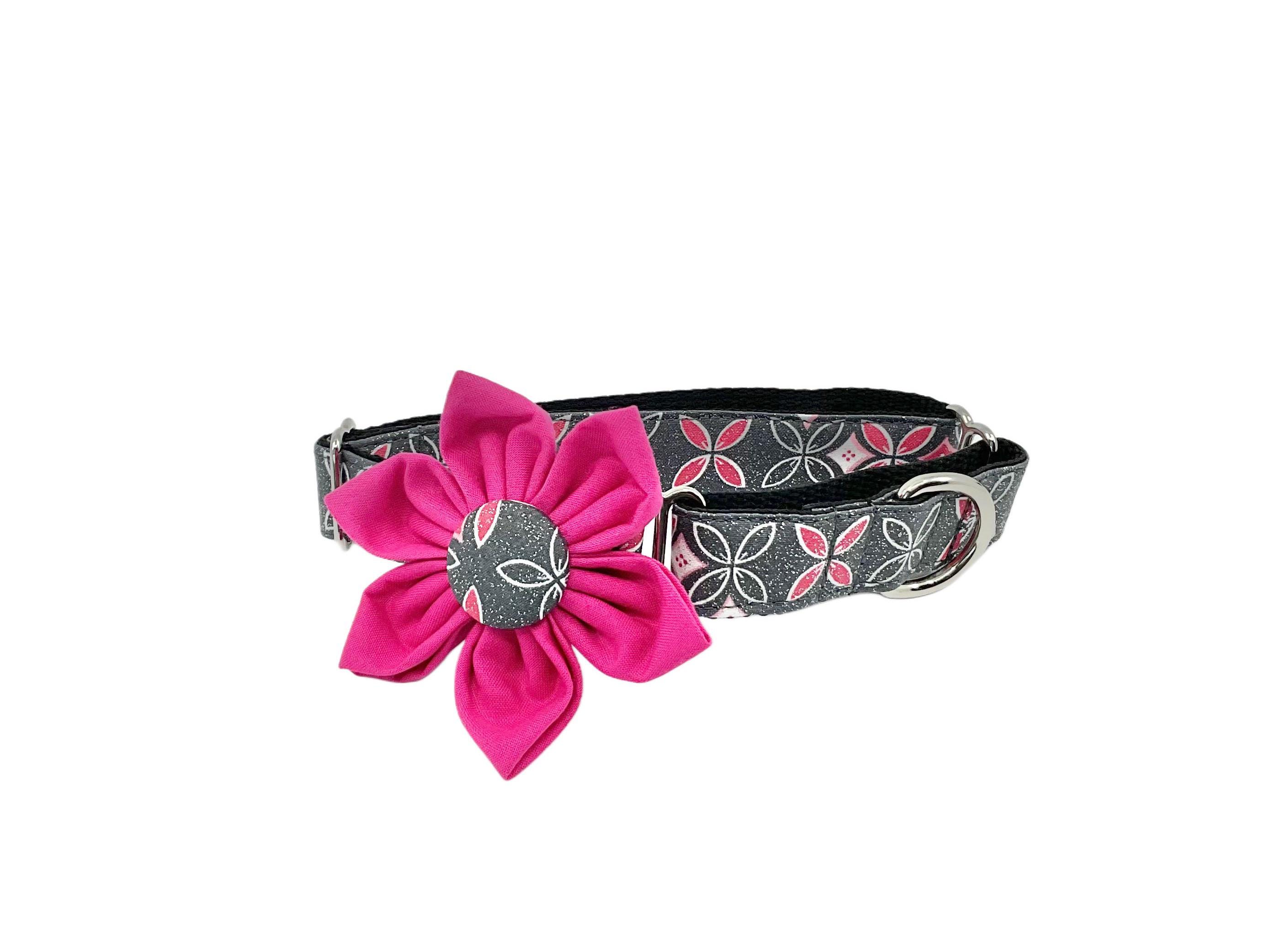 Floral Martingale Dog Collar, Optional Flower, Sparkly Gray & Pink Flower Print, Sizes Xs-Xl