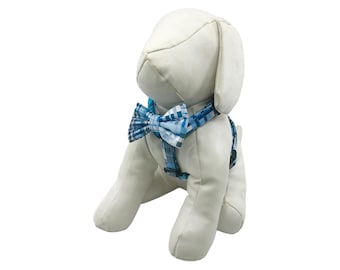 Blue Madeira Plaid Dog Harness with Optional Bow tie: Adjustable Sizes XS-M