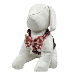 Maroon Plaid Dog Harness With Optional Bow Tie, Adjustable Pet Harness Sizes XXS, XS, S, M