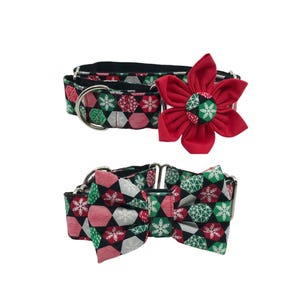 Colorful Snowflakes Christmas Martingale Dog Collar With Optional Flower Or Bow Tie: Sizes XS-XL