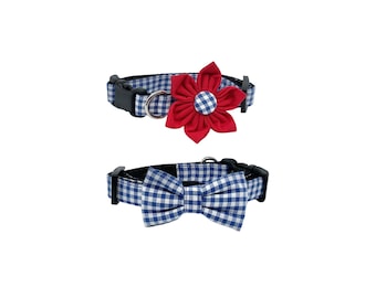 Royal Blue Gingham Dog Collar With Optional Bow Tie Or Flower: Adjustable Sizes XXS-XL