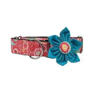 Orange Flower Print Martingale Dog Collar With Optional Teal Flower, Adjustable Slip On Collar Sizes XS, S, M, L, XL
