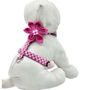 Pink Checkered Dog Harness With Optional Flower Accessory, Adjustable Pet Harness Sizes XS, S, M