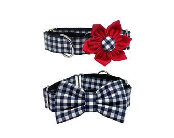 Navy Blue Check Martingale Dog Collar, Optional Flower Or Bow Tie, Slip On XS-XL
