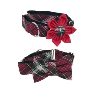 Christmas Martingale Dog Collar With Optional Flower Or Bow Tie Red And Black Plaid Slip On Collar, Adjustable  Sizes S, M, L, XL