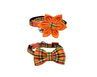 Orange Plaid Breakaway Cat Collar with Optional Flower or Bow Tie: Adjustable Sizes S-L