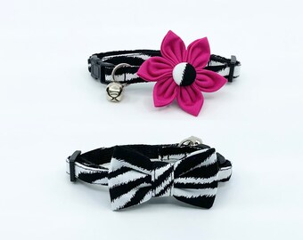 Cat Collar With Optional Flower Or Bow Tie Zebra Animal Print Breakaway Cat Collar Sizes S Kitten, Medium, Large