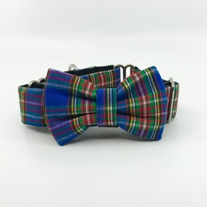 Big Blue Plaid Martingale Dog Collar With Optional Bow Tie Slip On Collar Adjustable Sizes Small, Medium, Large, XLarge