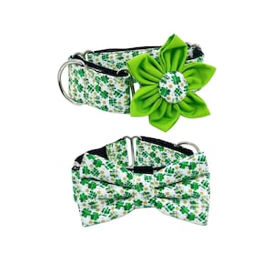St. Patrick&#39;s Day Martingale Dog Collar with Optional Flower or Bow Irish Plaid Shamrocks Slip on Collar Adjustable Sizes S, M, L, XL