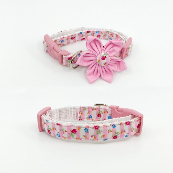 Flores en collar de perro de rayas rosas con flor opcional, tamaños de collar de mascota floral ajustable XSmall, Pequeño, Mediano, Grande, XLarge