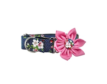 Floral Navy Blue Polka Dot Martingale Dog Collar with Optional Flower: Slip-on XS- XL