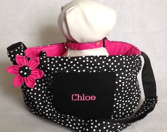 Personalized Cross Body Black And White Polka Dot Pet Carrier With Embroidered Dogs Name For Dogs Up To Approx. 6lb