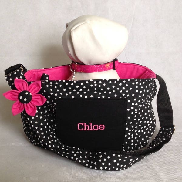 Personalized Cross Body Black And White Polka Dot Pet Carrier With Embroidered Dogs Name For Dogs Up To Approx. 6lb