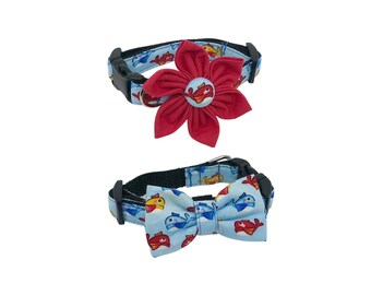 Nautical Fish Whale Pattern Dog Collar with Optional Flower or Bow Tie: XXS-XL