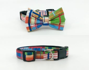 Bow Tie Dog Collar With Optional Bow Tie, Multi Plaid Patchwork Pet Collar Adjustable Sizes XS, S, M, L, XL