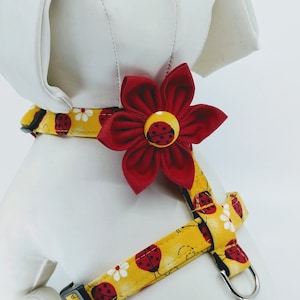 Dog Harness With Optional Flower - Yellow Lady Bug Adjustable Sizes  XSmall, Small, Medium