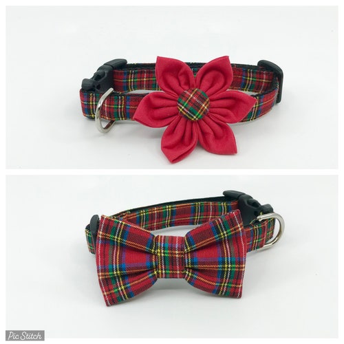 Red Christmas Plaid Bow Tie Dog Collar ALL SIZES Etsy