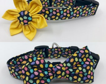 Easter Dog Collar With Flower Or Bow Tie - Sparkly Colorful  Easter Eggs - Adjustable  Sizes XS, S, M, L, XL