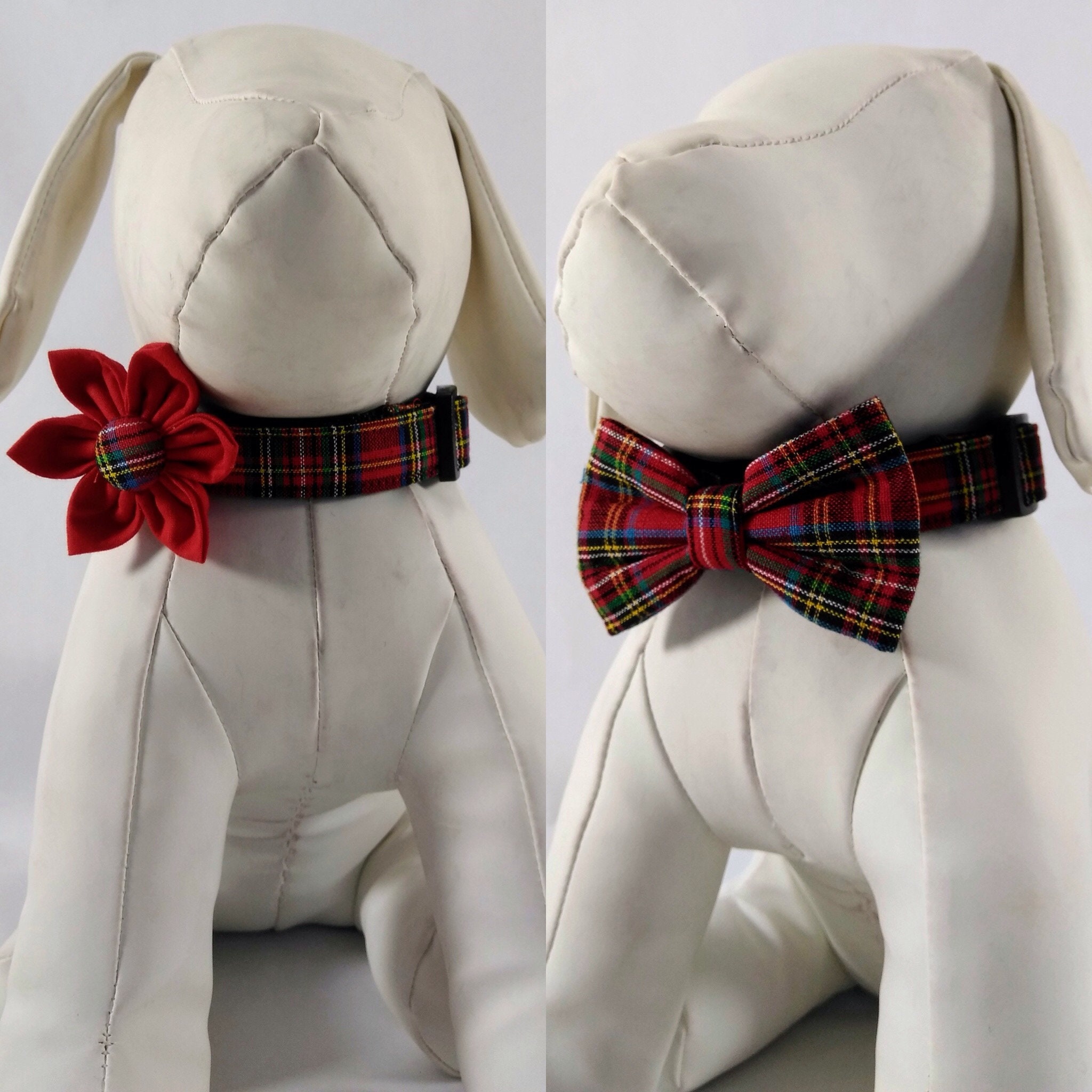 Christmas Dog Collar With Flower Or Bow Tie - Red Tartan Pet Collar -…