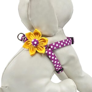 Step in Dog Harness With Optional Yellow Flower Magenta Polka Dot Kiss On Dot, Adjustable Sizes XXS, XS, S, M