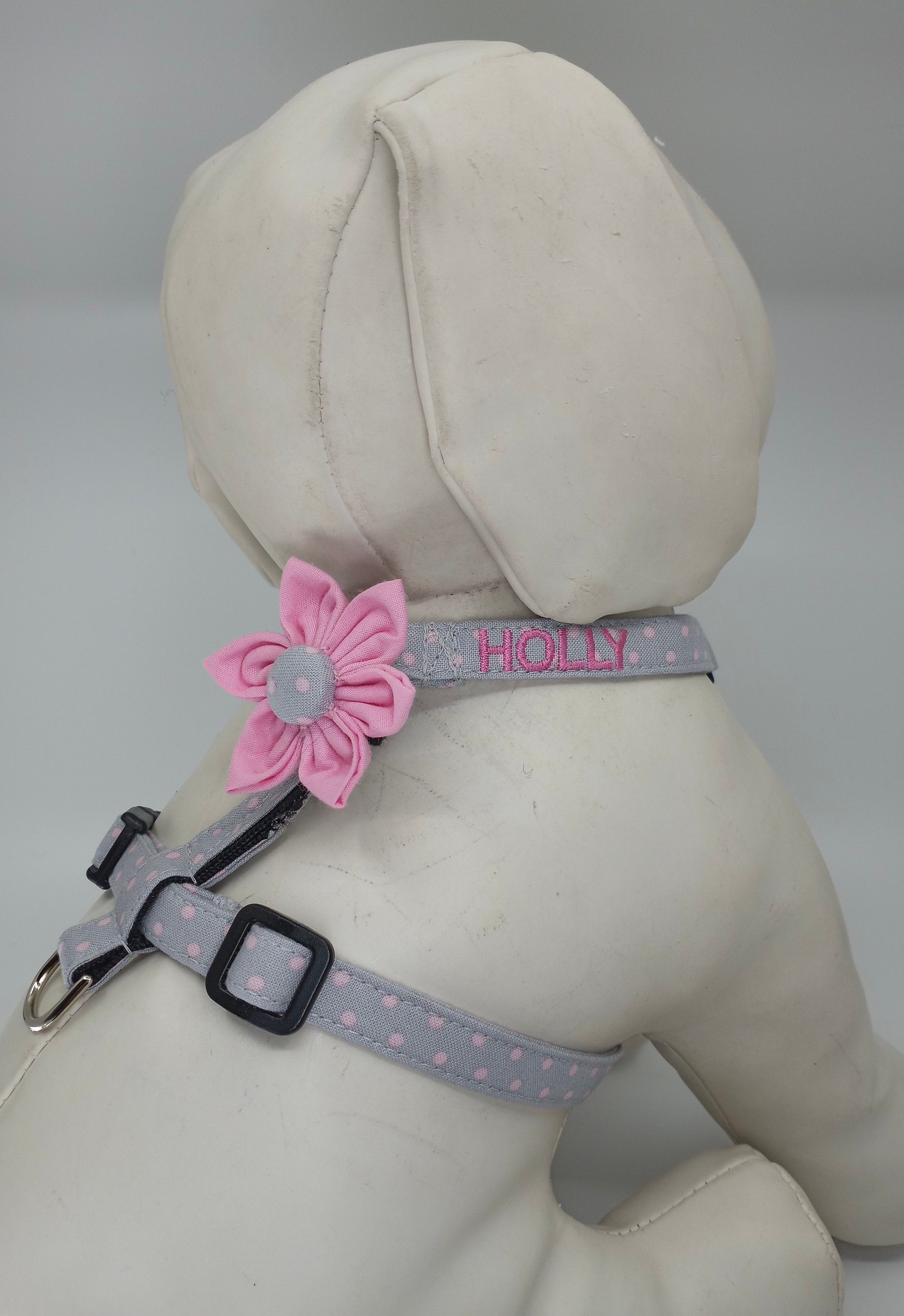 Personalized Dog Harness With Flower Gray And Pink Polka Dot Etsy
