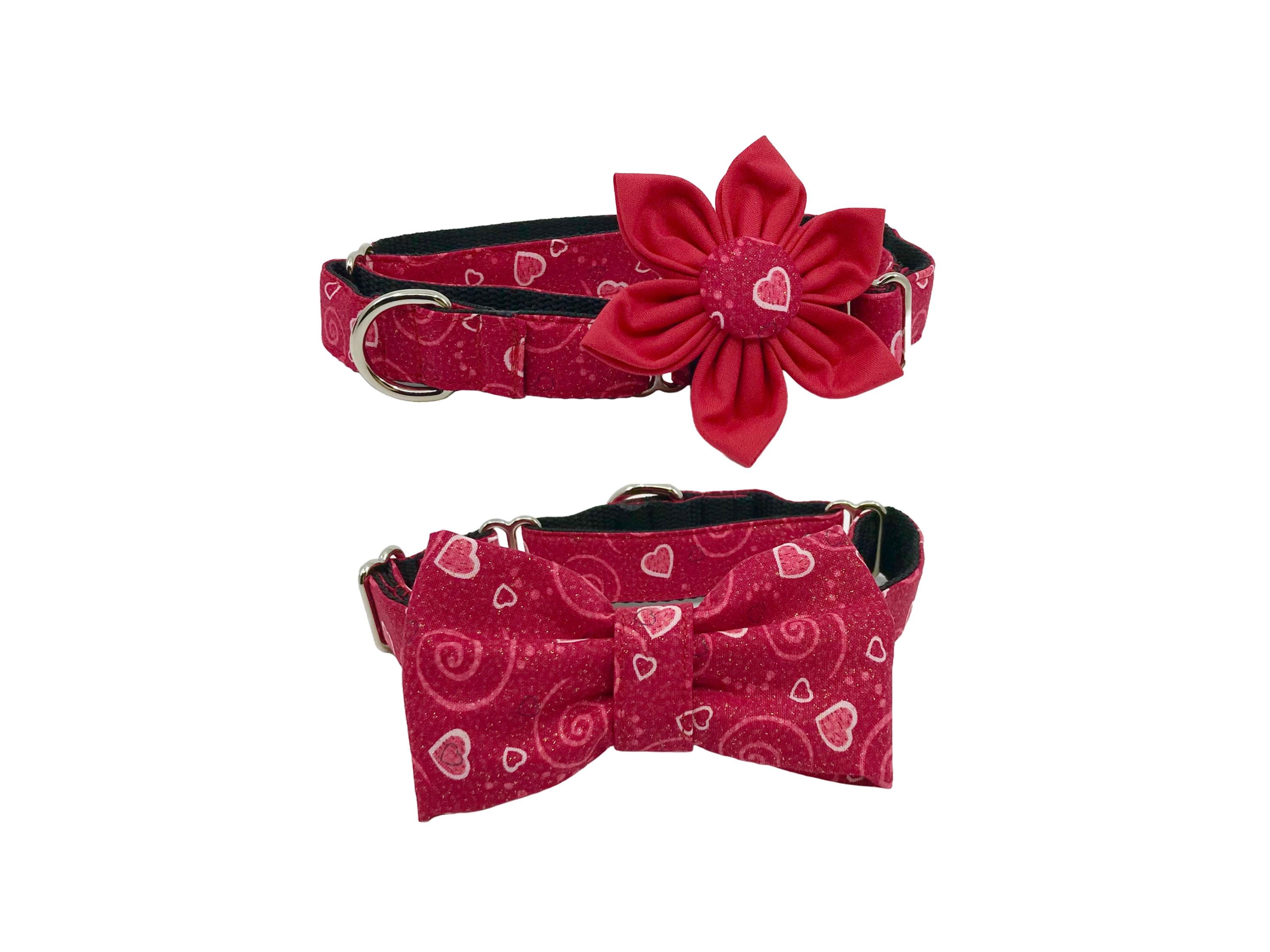 Valentine Martingale Dog Collar With Optional Flower Or Bow Tie Sparkly Red Hearts Xs-Xl