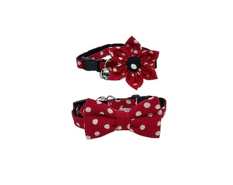Red Polka Dot Cat Collar, Optional Flower Or Bow Tie, Breakaway Sizes S-L