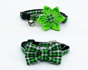 St. Patrick’s Day Cat Collar With Optional Flower Or Bow Tie Green Plaid Breakaway Cat Collar Sizes S Kitten, Medium, Large