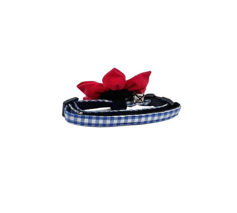 May include: A blue and white checkered cat collar with a red fabric flower and a silver bell.
