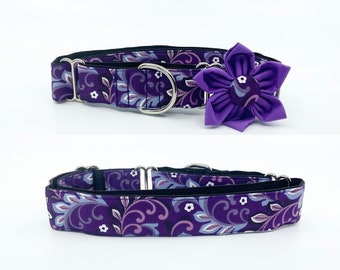 Purple Vine Flower Print Martingale Dog Collar With Optional Flower, Adjustable Slip On Collar Sizes Small, Medium, Large, XLarge