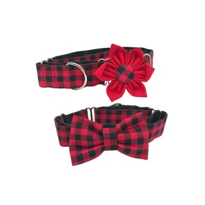 Red And Black Buffalo Check Martingale Dog Collar: Optional Flower Or Bow Tie Slip On XS-XL