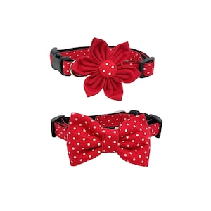 Red Polka Dot Dog Collar With Optional Flower Or Bow Tie, Pet Collar Adjustable Size XXS, XS, S, M, L, XL