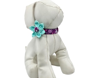Dog Collar With Optional Aqua Flower: Purple And Teal Paisley Cotton XXS-XL
