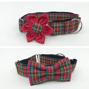 Christmas Martingale Dog Collar With Optional Flower Or Bow Tie, Red Tartan Adjustable Slip On Collar Sizes  S,  M,  L, XL