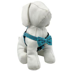 Step in Dog Harness With Optional Bow Tie, Turquoise Plaid Adjustable Pet Harness Sizes XXS, XS, S, M