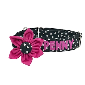 Personalized Black Polka Dot Martingale Dog Collar With Optional Pink Flower In Slip On Collar Sizes S, M, L, XL