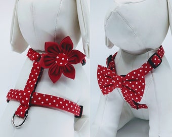 Dog Harness With Optional Flower Or Bow Tie Red And White Polka Dot Adjustable Pet Harness Sizes  XSmall, Small, Medium, Large