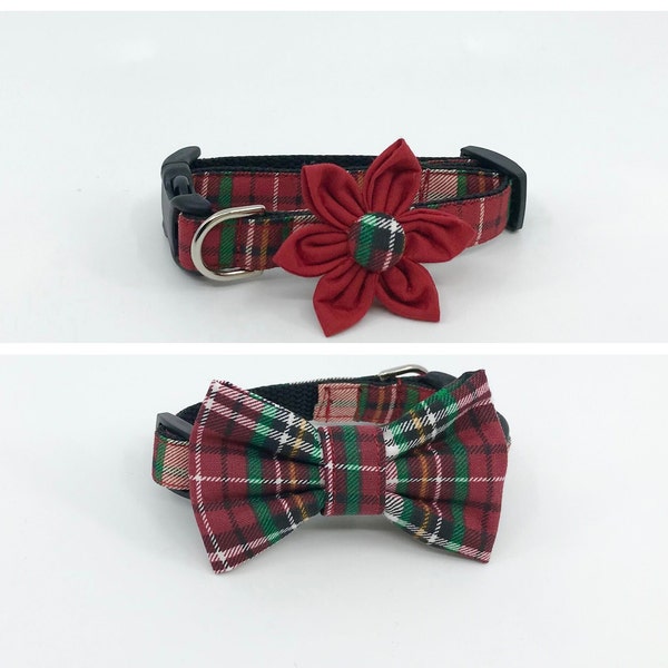 Red And Green Plaid Christmas Dog Collar With Optional Flower Or Bow Tie, Adjustable Pet Collar Sizes XSmall, Small, Medium, Large, XLarge