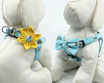 Step in Dog Harness With Optional Flower Or Bow Tie Sparkly Blue Bees Pet Harness Adjustable Sizes XXS, XS, S, M