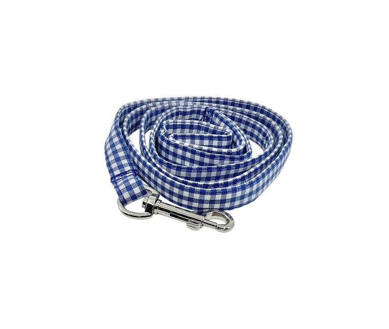 K&ouml;nnte beinhalten: Eine blaue und wei&szlig;e Gingham-Hundeleine mit einem silbernen Clip.