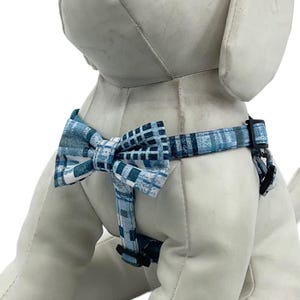 Step In Harness With Optional Bow Tie Blue Madeira Plaid Patchwork Pet Harness Adjustable Sizes XXS, XS, S, M