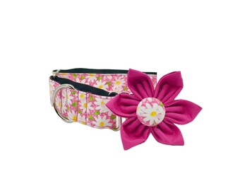 Floral Martingale Dog Collar with Optional Flower in Pink Daisy Cotton, Slip On XS-XL