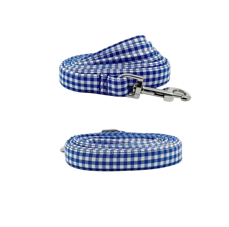 K&ouml;nnte beinhalten: Eine blaue und wei&szlig;e Gingham-Hundeleine mit einem silbernen Clip.