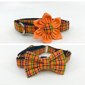 Halloween Orange Plaid Martingale Dog Collar With Optinal Bow Tie - Slip On Collar Sizes Small, Medium, Large, XLarge