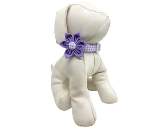 Lavender Gingham Dog Collar With Optional Purple Cotton Flower: Adjustable Sizes XXS-XL