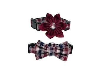 May include: A burgundy plaid dog collar with a matching burgundy flower and a burgundy plaid bow tie.